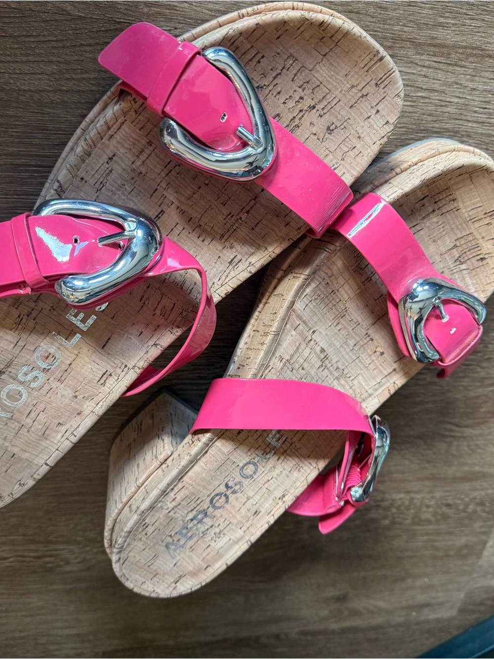 Hot Pink Women's Cork Slide Sandals with Silver Heart Buckles